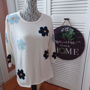 Kleio Whimsical Flower Power 100% Cotton Woman's 1XL 3/4 Sleeves Sweater